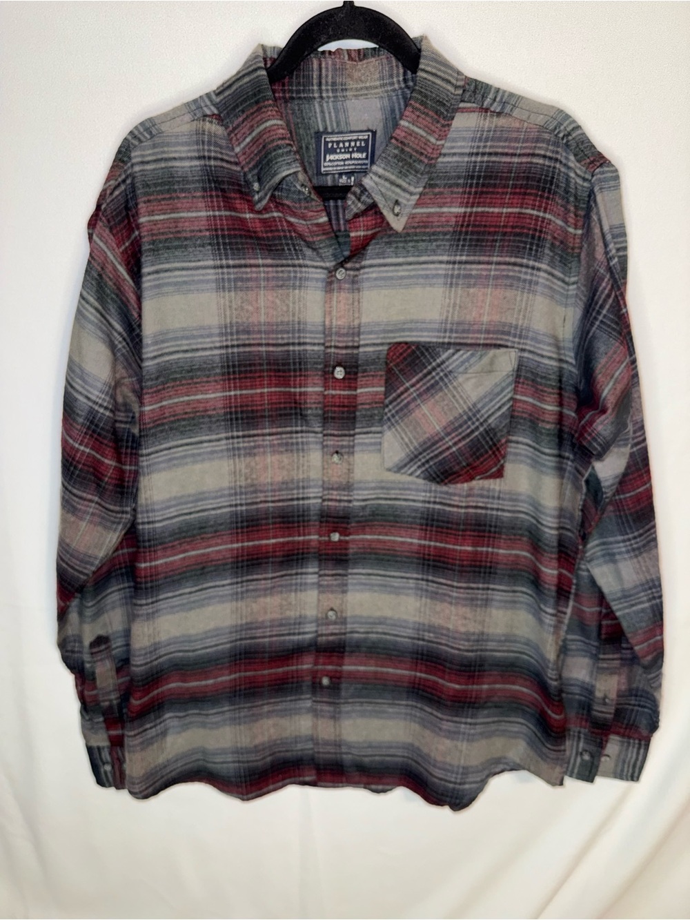 Jackson Hole Men’s LS Flannel Button-Down Shirt - Red & Gray Plaid - Large